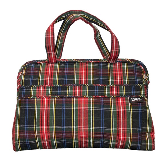TOTES Toiletry Bag Cosmetic Makeup GUC tartan red plaid Travel Case handles - Picture 10 of 10